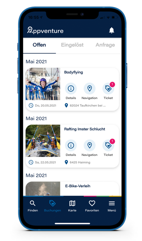 appventure app screen with open bookings