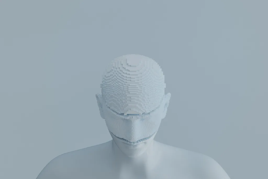 3d rendering of a male upper body with a blocky upper head symbolizing digital solutions and AI